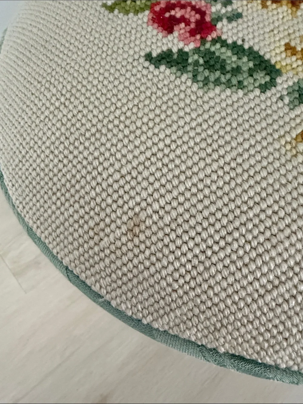 Vintage Needlepoint Floral Round Footstool in Cream and Sage